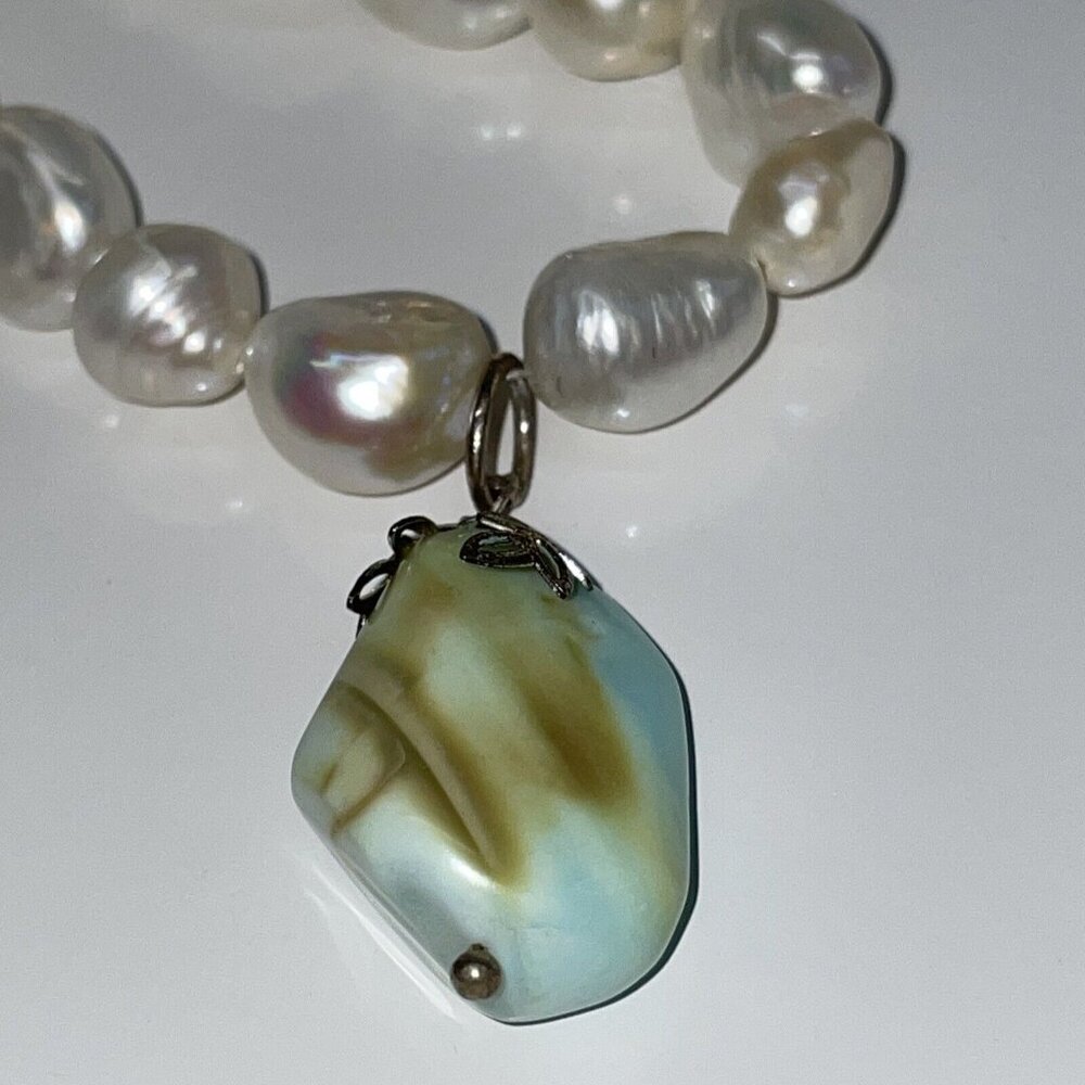 Aqua Peruvian Opal? Tube Beads & Freshwater Pearl Pendant Gemstone Necklace A140 - Picture 4 of 16